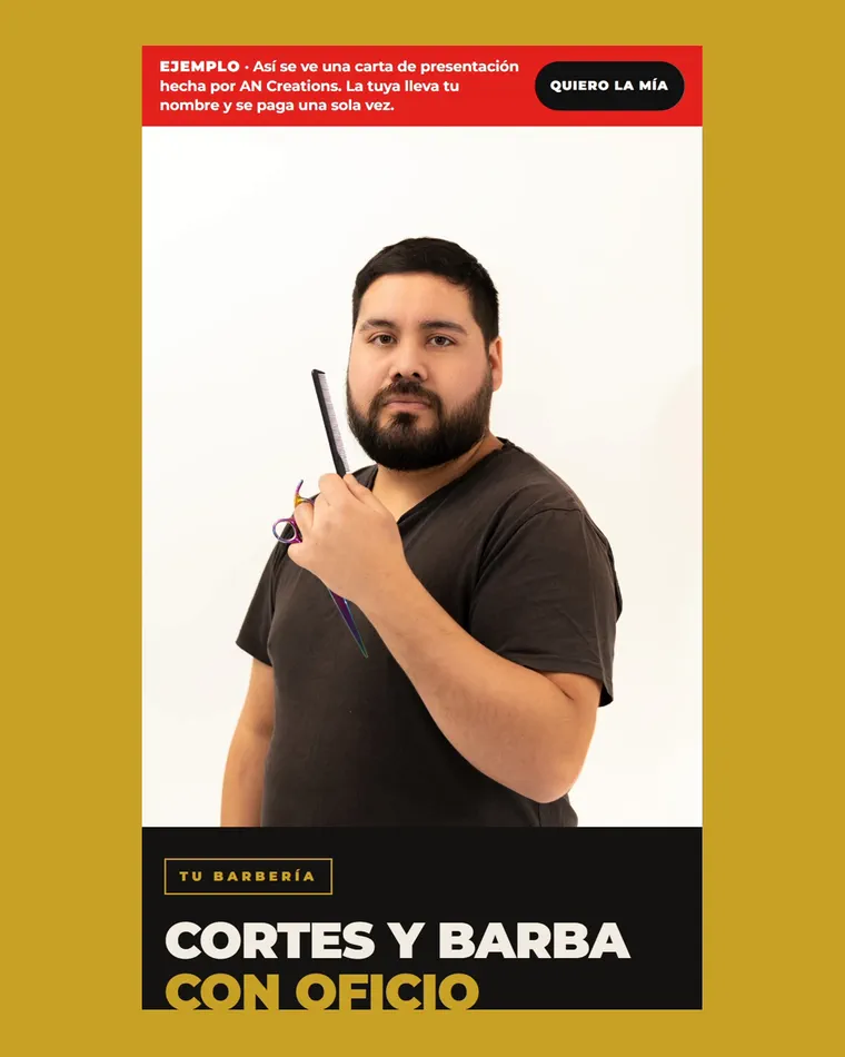 Carta de presentación de ejemplo para una barbería, con la foto del barbero y el botón para agendar