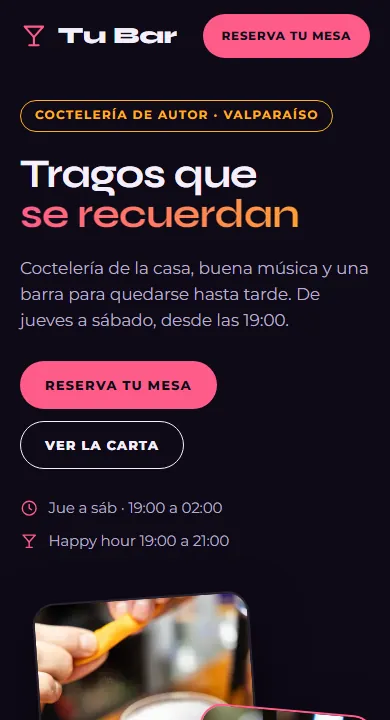 Así se ve en un teléfono la plantilla de Bar y coctelería