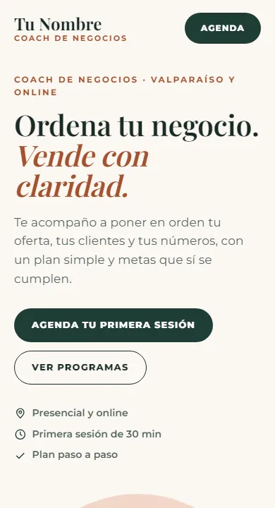 Así se ve en un teléfono la plantilla de Coach y consultoría