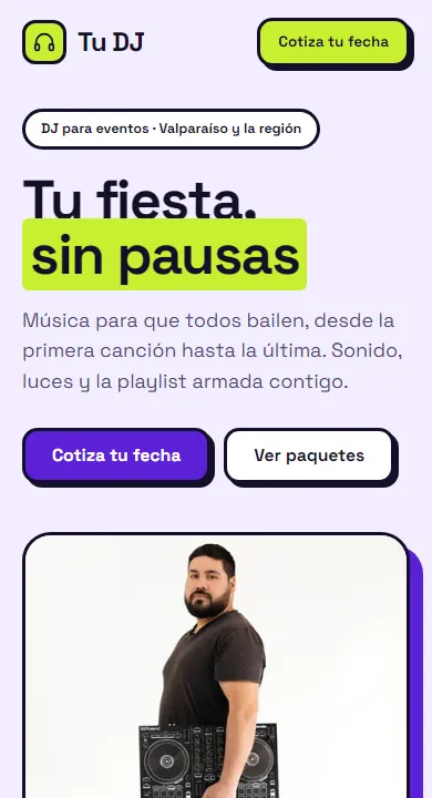 Así se ve en un teléfono la plantilla de DJ y música para eventos